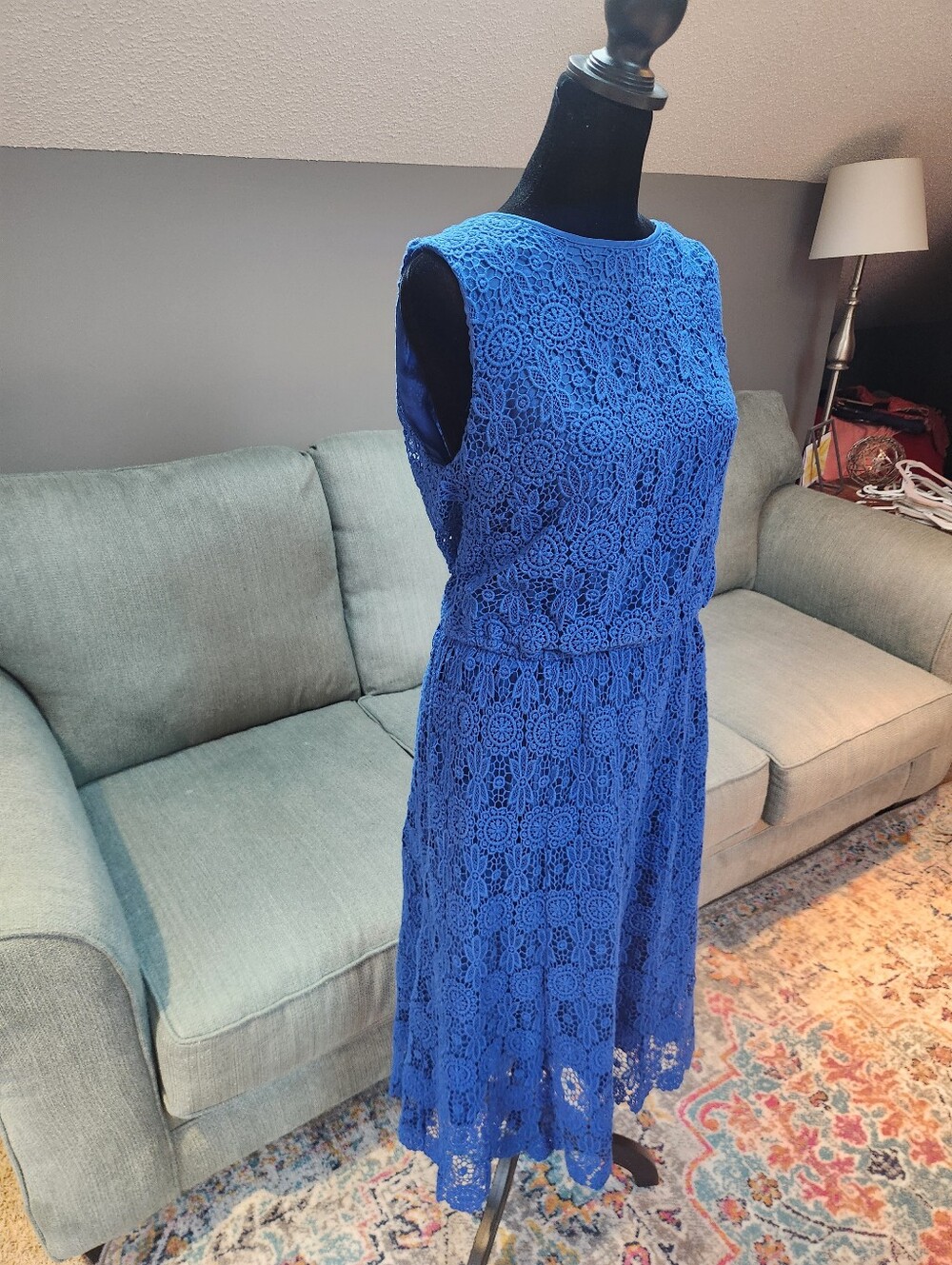 Lands End Blue Lace Sleeveless Midi Dress - Elegant Size 12 - Picture 7 of 10